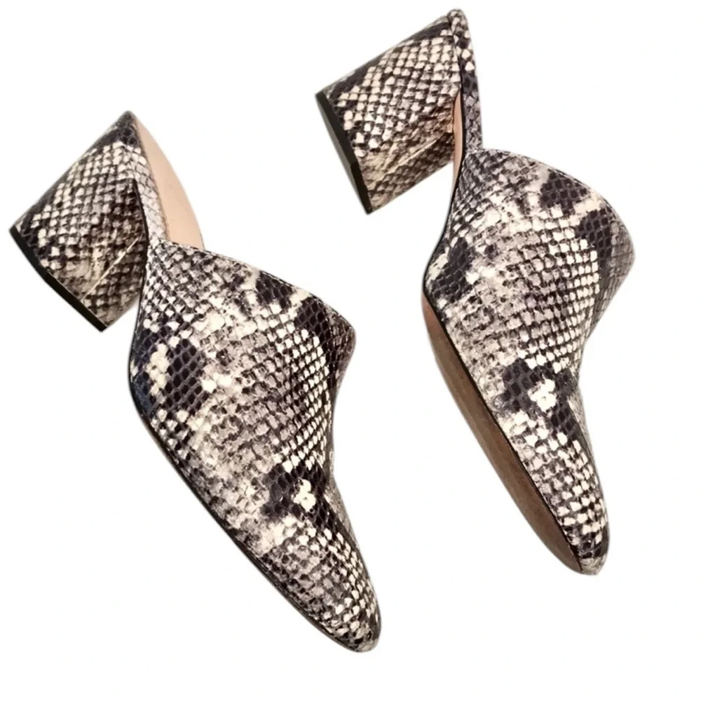 J. Crew Leather Snakeskin Block Heel Almond Toe Mules Shoes Sz. 8.5 Excellent
